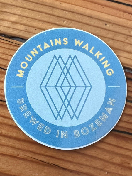 Mountains Walking “Brewed in Bozeman” Circle Sticker – Sky Blue Edition